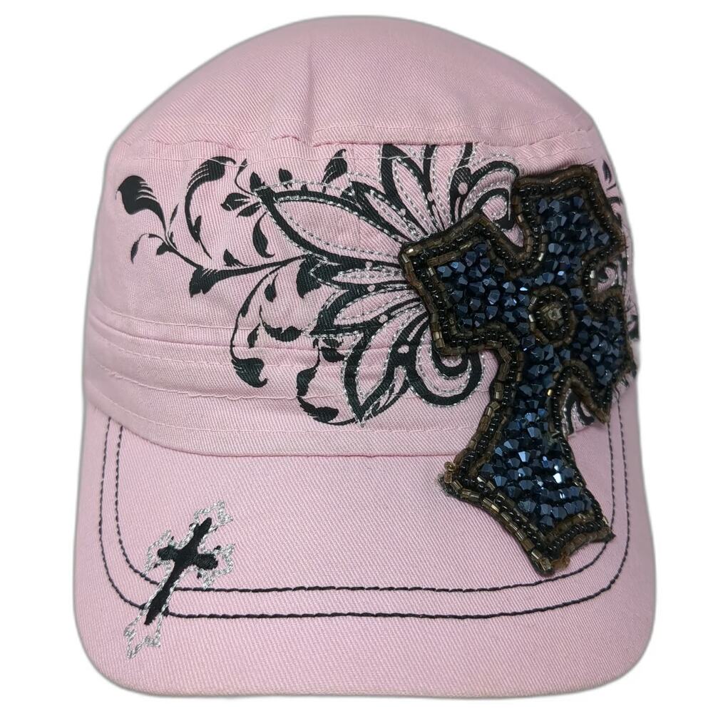 Kbethos Army Cap Pink One Size Beaded Cross Floral Glitter Cotton Adjustable Hat